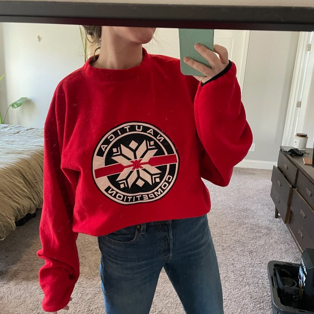 Vintage Nautica Competition Ski Style Red Fleece Sweater Size XL
